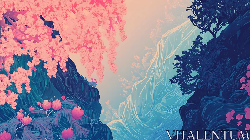 Chromatic landscape with stylized flora and central void.