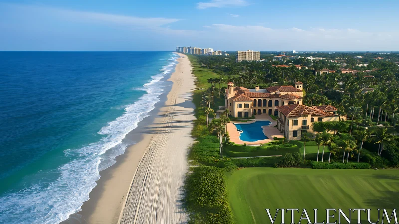 Oceanfront luxury estate beside pristine sandy shoreline.