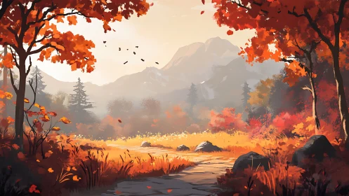 Golden autumn forest path leading toward quiet mountains.