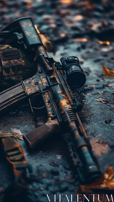 Modern rifle on wet ground with scope and gear present.