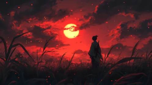 Ronin bathed in ember dusk beneath a bloodred moon.