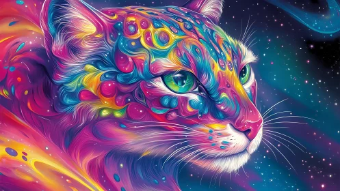 Vibrant multicolor cosmic cat portrait against stars.