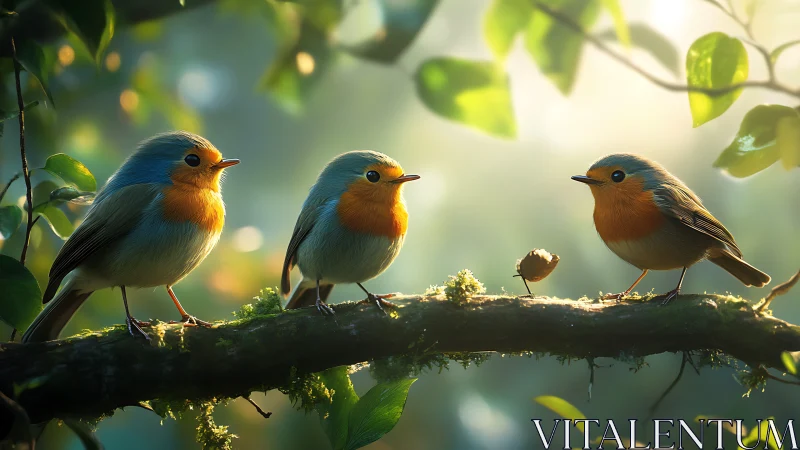Three Robins on Mossy Branch in Soft Morning Light, Realistic Style.