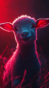 Gentle lamb glowing in dreamy neon evening light.