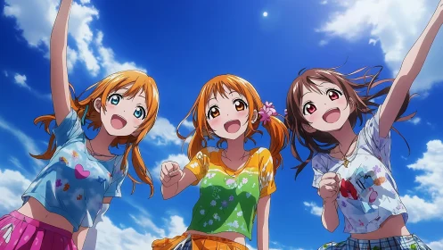 Three animated girls stand outdoors under a bright blue sky