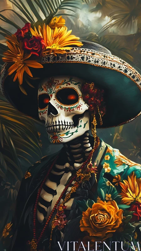 Floral sugar skull skeleton in ornate hat portrait.