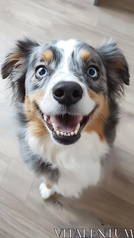 Blue-eyed tricolor dog sitting on light wooden floor.