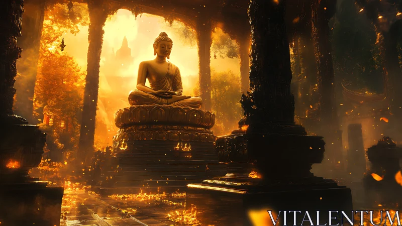 Sunlit Buddha statue sits amid ornate pillars and foliage