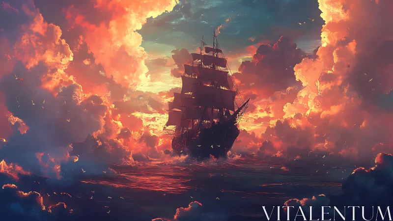 Sailing ship silhouette within dense sunset cloudscape scene.