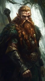 Armored dwarf ranger stands in diffuse forest backlight, fur-clad