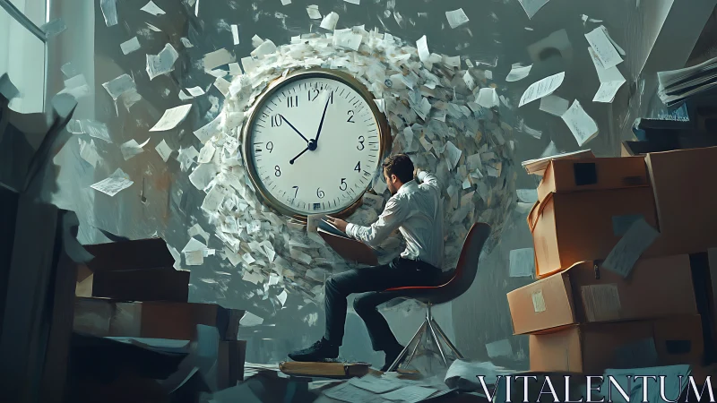 Professional working with oversized clock surrounded by scattered papers