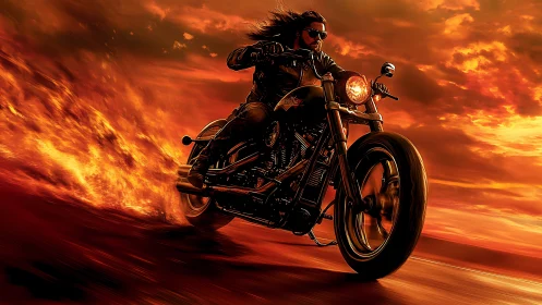 Motorcycle rider advancing through fire against sunset sky.