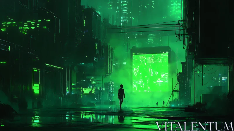 Neon green alleyway silhouette in futuristic cyber city.