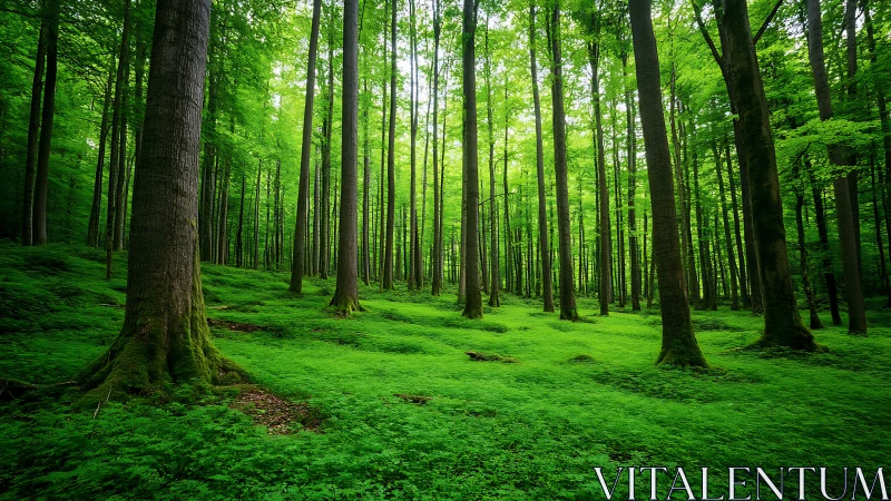 Lush Green Forest with Tall Trees and Vibrant Understory, Nature Scene.