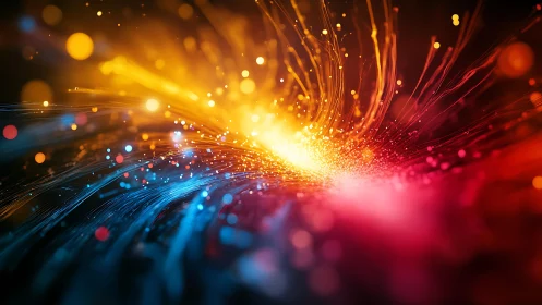 Vivid Abstract Light Trails in Blue, Orange, and Red Digital Art.