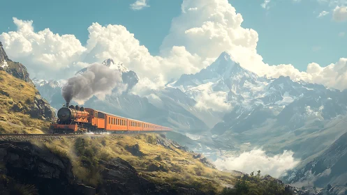 Orange mountain train rolls toward bright snowy peaks