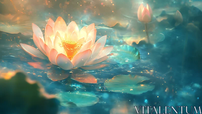 Glowing lotus drifts gently across a dreamy, starlit pond