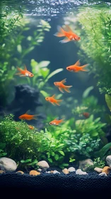 High clarity planted aquarium with schooling orange fish