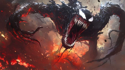 Monstrous black creature roars above molten inferno sky.