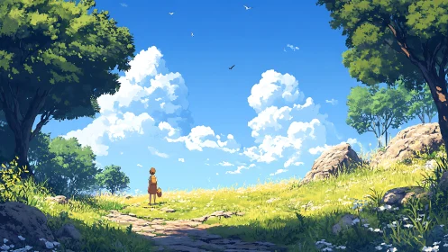 Child stands in a sunlit meadow under vast summer skies