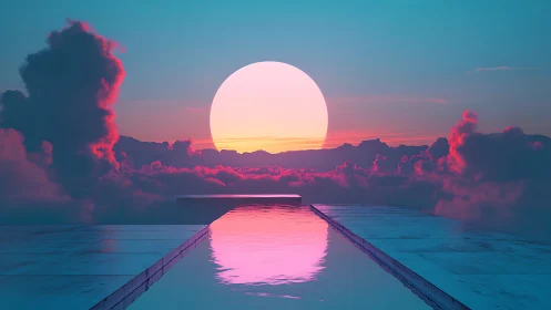 Elevated reflective pool aligns with oversized neon sun disc