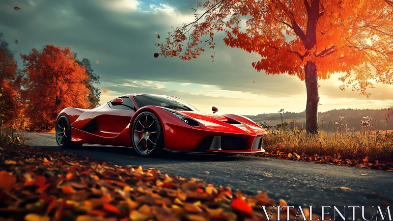 Scarlet supercar gliding through a fiery autumn daydream.