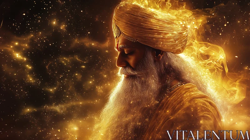 Ethereal turbaned elder in luminous golden cosmic nebula