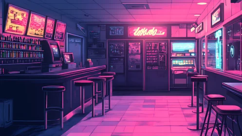 Neon lit cyberpunk bar interior glows in late night silence