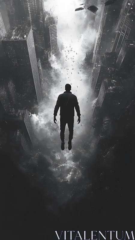Monochrome levitating figure in rotational urban voidscape.