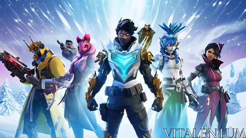 Heroic squad of sci fi warriors stand in frozen battlefield