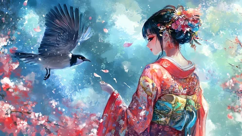 Woman in kimono observing bird among falling petals.