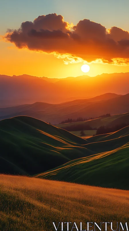 Sunset rivers of light rolling across emerald hill waves.