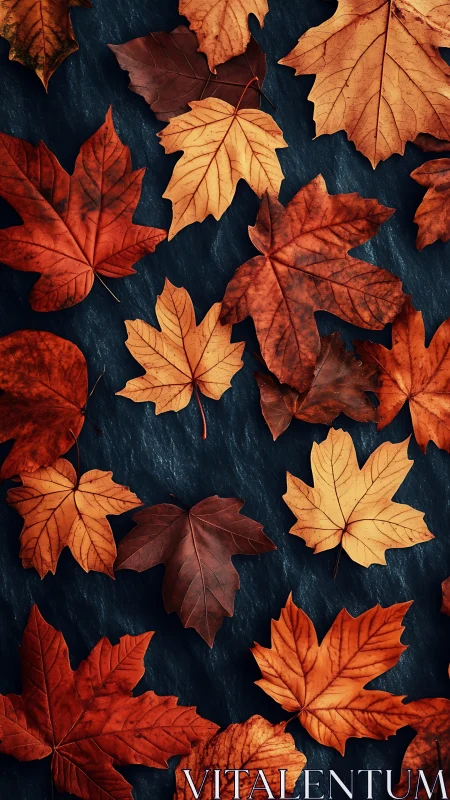 Warm autumn maple leaves scattered on a deep dark stone.