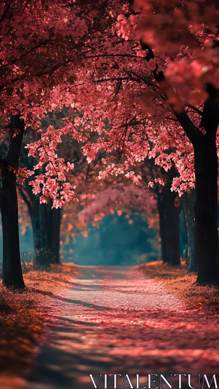 Sunlit cherry blossom lane inviting quiet evening walks.