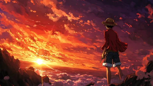 Straw hat drifter greets a blazing ocean sunrise horizon.