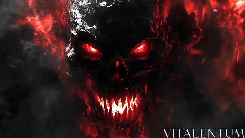 Flaming demonic skull with glowing red eyes in smoke.