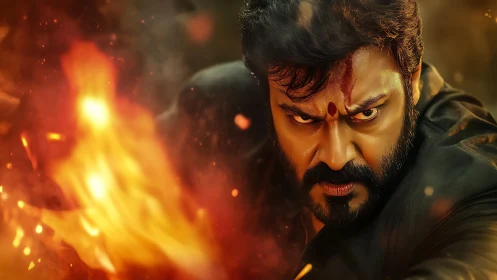 Firelit warrior locks his burning gaze on unseen destiny