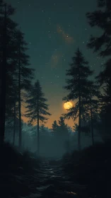 Moonlit Forest Path Through Coniferous Trees.