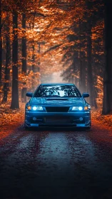 Midnight blue sports car cruising through a glowing autumn lane.