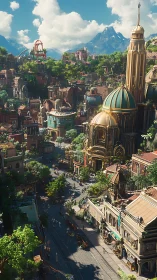 Sunlit fantasy city avenue welcomes wanderers and wonder