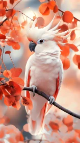 White cockatoo amid vivid orange autumn foliage.