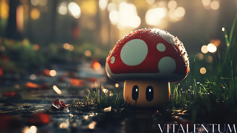 Cartoon mushroom figure on wet forest floor at sunrise.