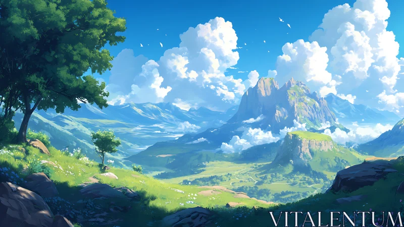 Sunlit valley and distant mountains under bright sky.