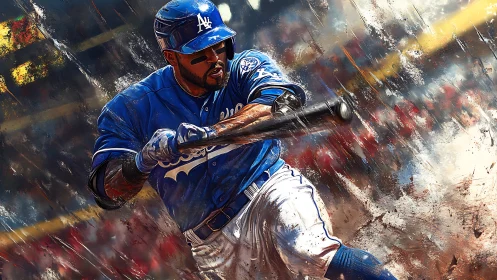 Baseball batter in blue uniform mid swing on abstract field.