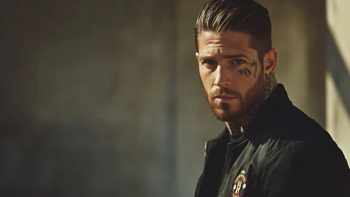 Tattooed man in jacket under moody directional sunlight.