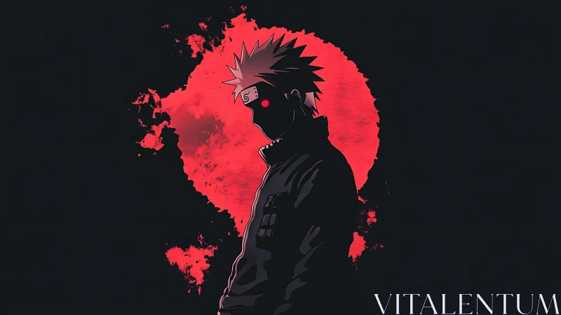 Shadowed ninja silhouette before a blazing red moon.