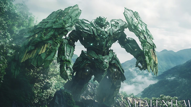 Colossal forest mech strides through misty jungle valley