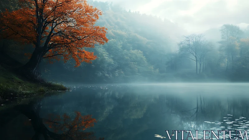 Autumn maple beside misty lake with tranquil reflections.