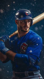 Photorealistic baseball portrait under dynamic stadium rain.