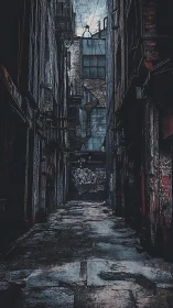 Dark urban alleyway with graffiti and worn brick walls.